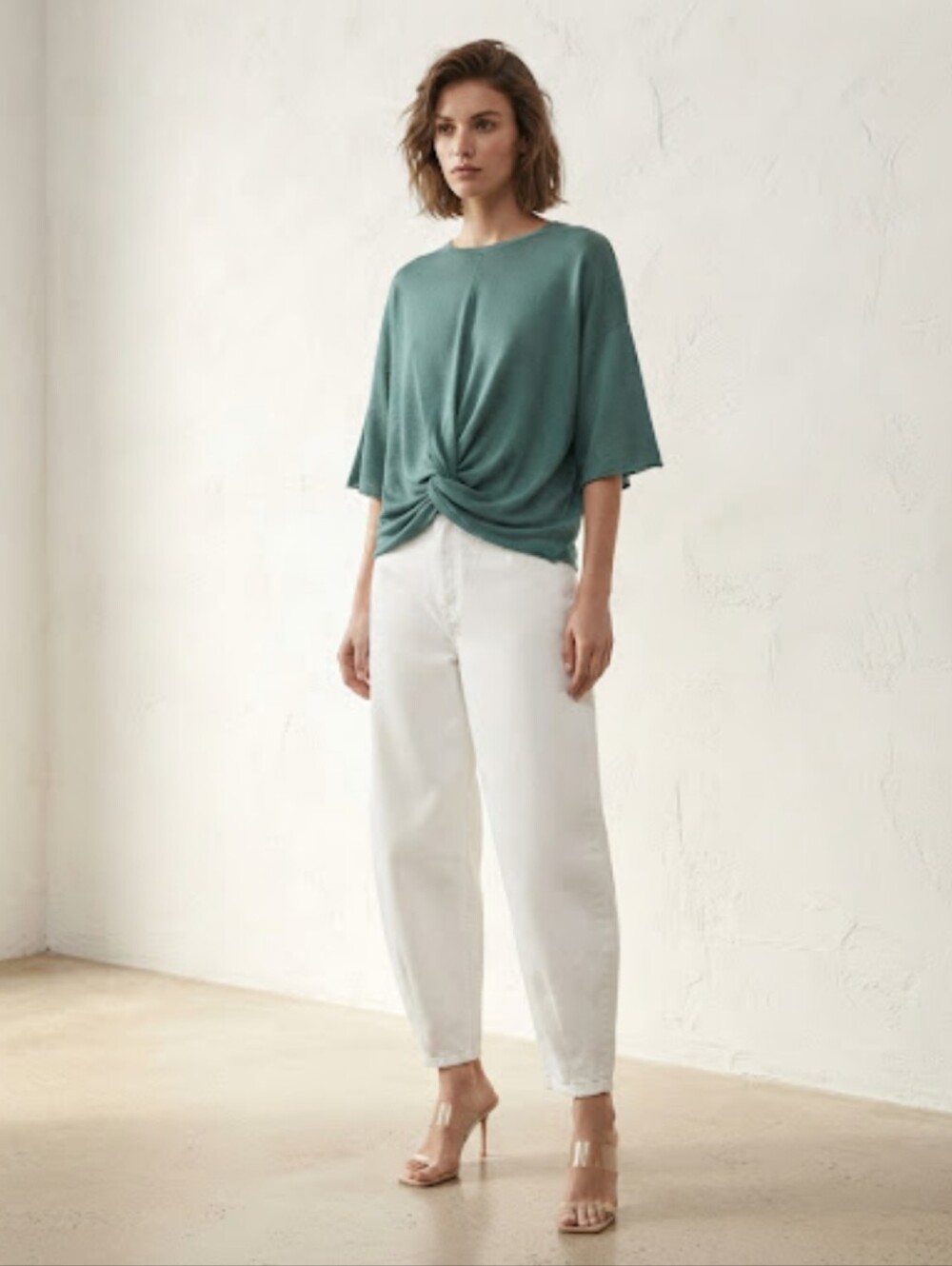 ZARA JOIN LIFE Knit Teal Green 100% Cotton Front Knot Tee Top Size S